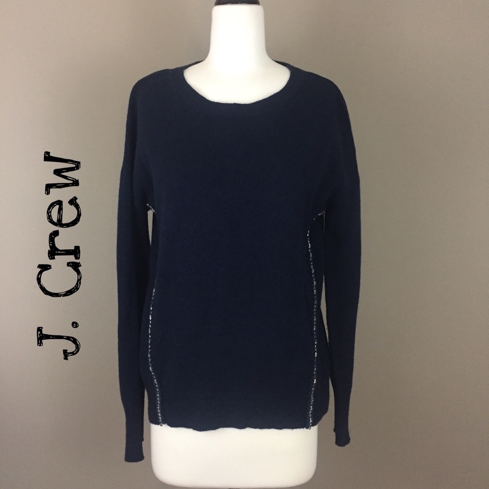 J. Crew Navy Wool Sweater Rhinestones Size Small